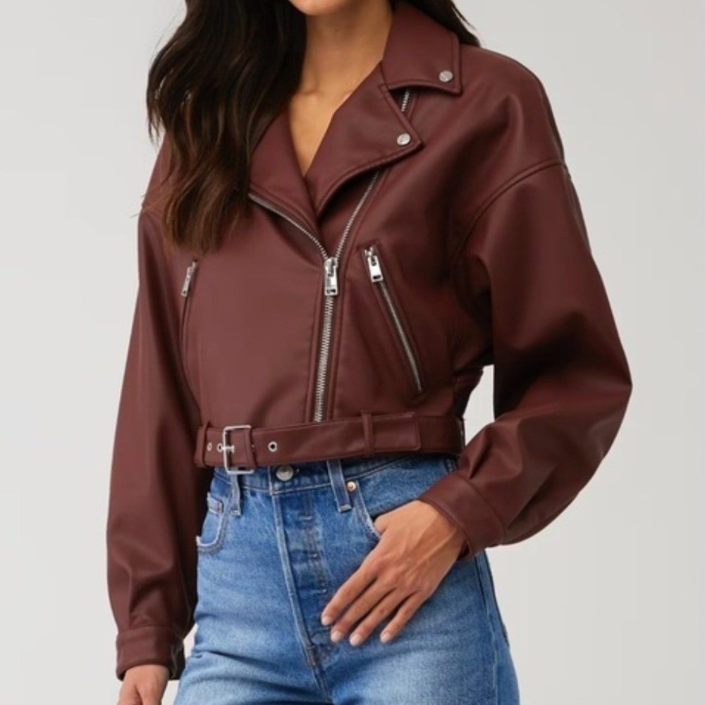 Lamarque Women's Mahogany Brown Dani Moto Jacket Large Cropped Belted Fall - Picture 12 of 14